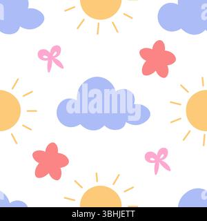Playful seamless pattern with suns, clouds, flowers, and bows in pastel colors, perfect for nursery or baby products. Stock Vector