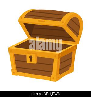 Cartoon empty treasure chest made of wood and gold elements. Perfect for pirate games, adventure designs, or children’s books. Stock Vector