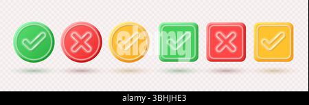 Realistic check mark and cross icons of round and square shapes in 3D style with neon elements. Vector illustration. Stock Vector