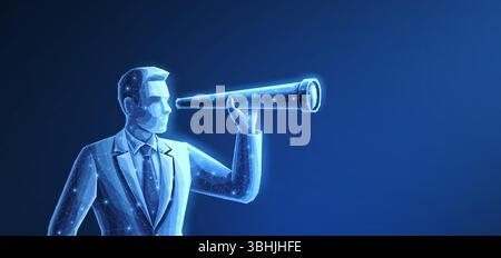 A businessman with telescope. Visionary leader, business opportunity concept, career growth. Stock Vector