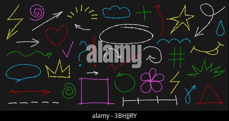 Chalk doodle hand drawn elements. Vector textured colored crayon textured outline sketch shapes, arrows, frames, heart Stock Vector