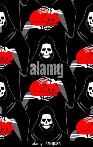 Grim Reaper Holding Cat pattern seamless. Death with a cat in his arms background Stock Vector