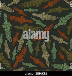 Spark plug Military pattern seamless. Car accessory Army background. Device for igniting the fuel-air mixture Soldier Protective texture Stock Vector
