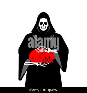 Grim Reaper Holding Cat. Death with a cat in his arms Stock Vector