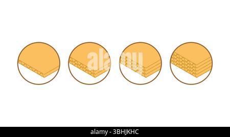 One layer of corrugated cardboard, two layers, three-layer and four-layer. Corrugated cardboard sheet set. packaging material. packaging material cons Stock Vector