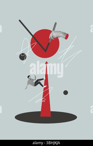 Poster trend collage of person stand arrows up drawing on grey background Stock Photo