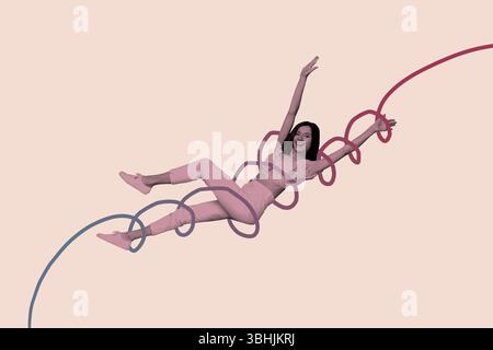 Sketch image trend artwork montage 3D photo collage of young woman excited smile levitate curve doodle line illustration relax carefree Stock Photo