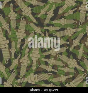 Spark plug Military pattern seamless. Car accessory Army background. Device for igniting the fuel-air mixture Soldier Protective texture Stock Vector