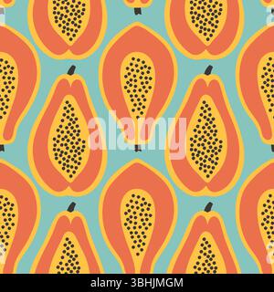 Papaya summer pattern on blue background. Simple seamless pattern with papayas. Vector design for greeting card and invitation of seasonal summer Stock Vector