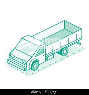 Isometric outline cargo truck with wooden side panels. Line art style. Logistics, transport, and construction. Flatbed cargo truck. Medium duty truck Stock Vector