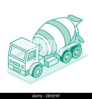 Isometric concrete mixing truck. Vector illustration. Outline cement mixer truck. Flat monochromatic green style. Element for construction infographic Stock Vector