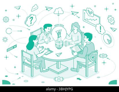 Creative team brainstorming at a round table. Four people discuss ideas with light bulb, charts, and icons around. Business innovation and teamwork co Stock Vector