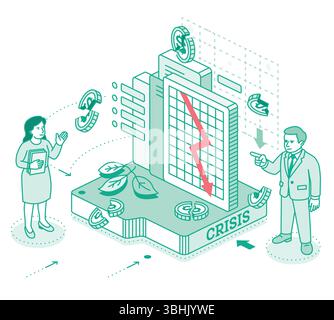 Economic crisis. Isometric outline illustration. Man and woman discuss falling chart and broken dollar coins. Financial instability, risk, and market Stock Vector