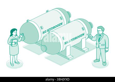 Isometric vector illustration of hydrogen storage tanks. Man and woman discussing H2 containers for clean energy. Concept of alternative fuel, innovat Stock Vector