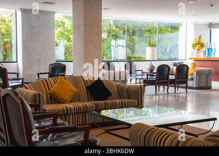 Luxurious Hotel Lobby with Modern Design and Natural Light in Cyprus Stock Photo