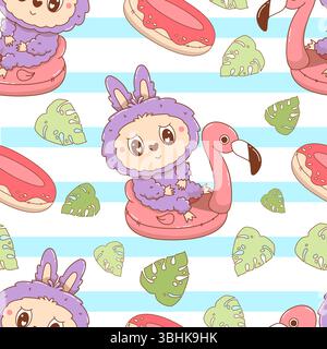 Seamless pattern with Cute Monster Toy floats on pink flamingo pool on striped background with tropical leaves. Cartoon Funny fluffy Beach summer kawa Stock Vector