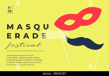 Festive masquerade carnival poster with ornate mask and vibrant parade theme. Minimal horizontal layout with bold text and decorative flair. Perfect for Mardi Gras or Purim party invites. Flat eps art Stock Vector