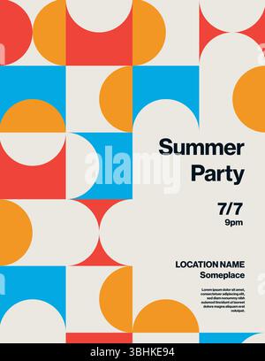 Summer Party Poster Template with Retro Geometric Pattern. Editable EPS10 Vector. Minimal Design. Stock Vector
