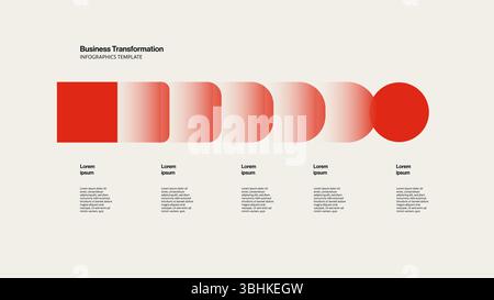 Business Transformation Infographic Template Red Square Turning into Circle. Editable Vector. Minimal Design Stock Vector