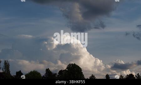 Dramatic Clouds in a Serene Blue Sky Over a Lush Tree Line Stock Photo