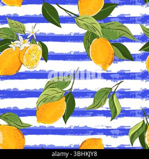 Vector seamless pattern with lemons branches and watercolor horizontal blue stripes. Citrus tropical fruits trendy background. Fashion textile print, Stock Vector