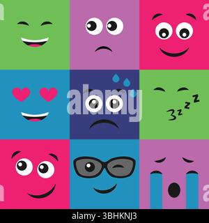 Set of nine colorful emoticons. Emoji icon in square. Flat background pattern. Vector illustration Stock Vector