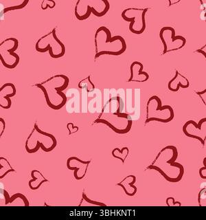 Seamless pattern with hand drawn hearts. Doodle grunge red hearts on red background. Vector illustration. Stock Vector