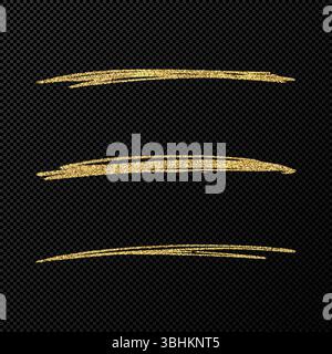 Abstract shiny confetti glittering waves. Set of three hand drawn brush golden strokes on black transparent background. Vector illustration Stock Vector