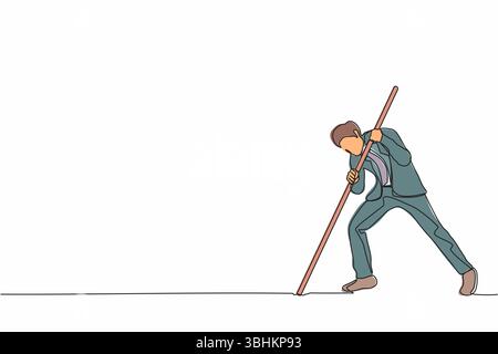 Single one line drawing businessman mark goal with arrow. Man holding arrow, hits target on ground. Achieving goals. Focus marketing target strategy. Stock Vector