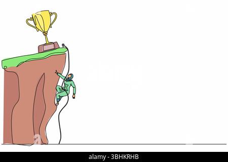 Single continuous line drawing climber hanging on rope and pulling himself on top of rocky mountain wall to reach trophy. Extreme Arabic businesswoman Stock Vector