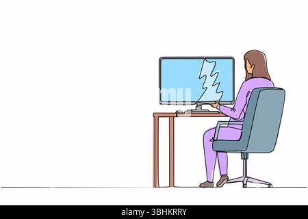 Single one line drawing back view businesswoman works on computer. Woman sitting on chair behind office desk. Business person working on monitor scree Stock Vector