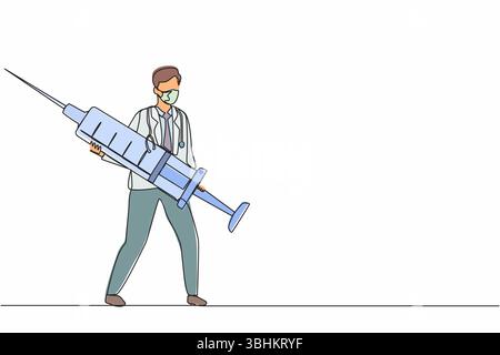 Single continuous line drawing male doctor holds large syringe with vaccine. Doctor prevents epidemic. Vaccination concept. Covid-19 virus. Dynamic on Stock Vector