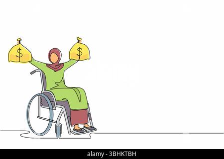 Continuous one line drawing Arab businesswoman holding dollar money bag. Disability insurance benefit payments for disabled wheelchair woman. Protecti Stock Vector