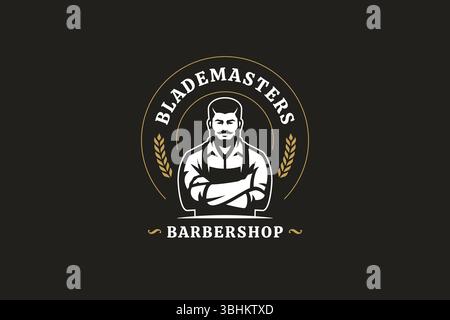 Professional barbershop logo featuring a male portrait with crossed arms, wheat emblem, and elegant text. Retro vintage design for grooming services. Stock Vector