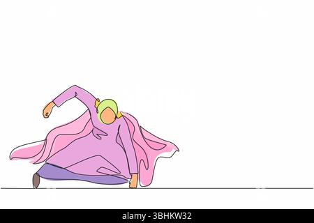 Single continuous line drawing Arabian businesswoman with superhero mantle in landing powerful action. Office worker ready to fight for career achieve Stock Vector