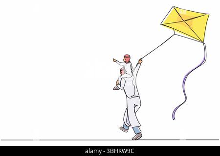 Continuous one line drawing back view Arabian daddy gives happy boy son piggyback ride flying kite outdoors. Father carry son on shoulders and fly kit Stock Vector
