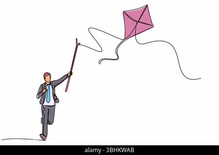 Continuous one line drawing businessman runs to chasing kite using stick. Manager runs with flying kite. Race for opportunities. Business metaphor. Si Stock Vector