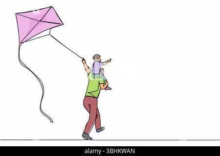 Single continuous line drawing back view daddy gives happy boy son piggyback ride flying kite outdoors. Father carry laughing son on shoulders and fly Stock Vector