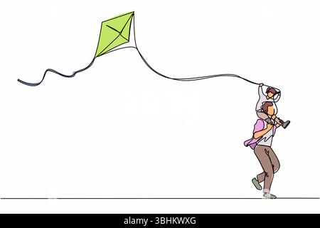 Single continuous line drawing dad and daughter have fun, fly kite. Father carrying daughter on shoulders, playing and running in the park. Dynamic on Stock Vector