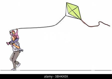 Continuous one line drawing father and his child flying kite isolated on white background. Cartoon man carrying son on shoulders, playing and running Stock Vector