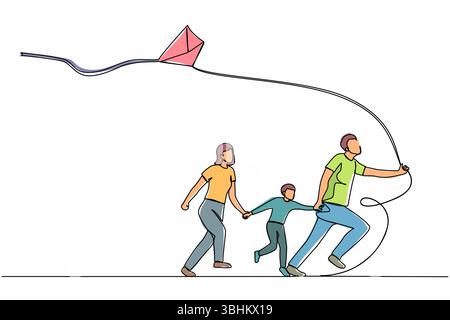Single one line drawing happy family running with flying kite. Mother, father and son launching kite. Outdoor recreational activities. Modern continuo Stock Vector