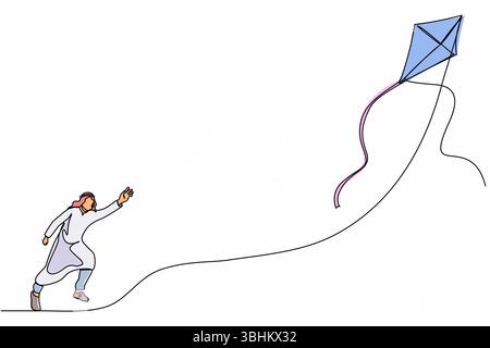 Continuous one line drawing active Arabian businessman runs with flying kite. Race for opportunities, catch dream. Success product launch metaphor. Si Stock Vector