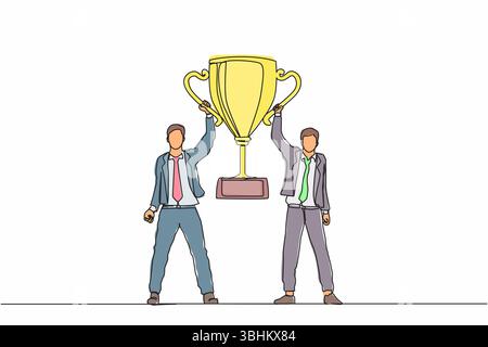 Continuous one line drawing two men holding golden goblet. Winners celebrating victory. Businessman with prize, trophy cup. Celebration business team Stock Vector