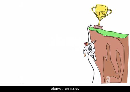 Single one line drawing climber hanging on rope and pulling himself on top of rocky mountain wall to reach trophy. Extreme Arabian businessman climbin Stock Vector