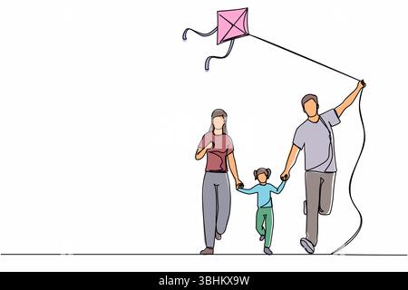 Continuous one line drawing family weekend with parents and child walking in park. Fun family running, rest at nature on vacation. Dad, mom, and daugh Stock Vector