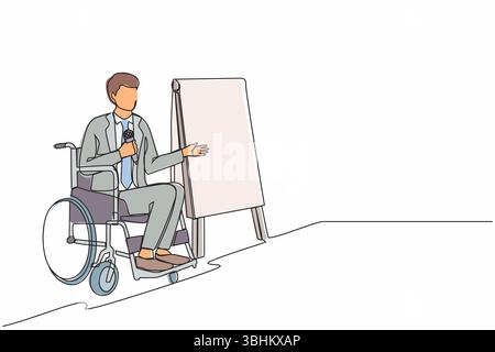 Single one line drawing young businessman on wheelchair using microphone, presentation of infographics on flip chart at weekly office report meeting. Stock Vector