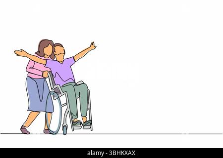 Single continuous line drawing happy disabled man in wheelchair on walk with his loving wife outdoors, having fun, spending time together. Impaired co Stock Vector