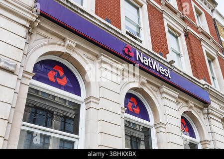 NatWest Bank Facade Showcasing Corporate Branding. London, UK, 14 April 2024 Stock Photo