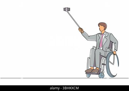 Continuous one line drawing businessman in wheelchair taking selfie with phone and stick. Disabled injured man in wheelchair making selfie on smartpho Stock Vector