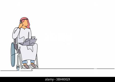 Single continuous line drawing Arab man in wheelchair having phone conversation while working online on laptop. Disability businessman talking with cl Stock Vector